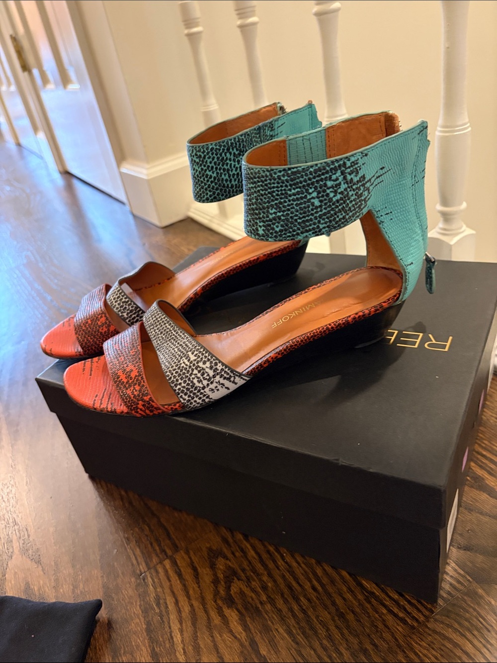 Rebecca Minkoff Turquoise and Coral Snake-Print Ankle-Strap Wedges